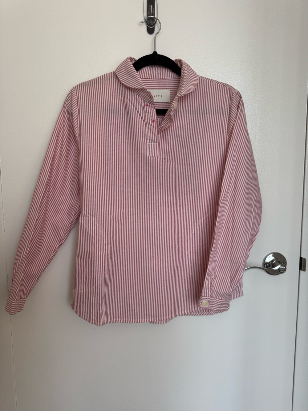 Women’s Red Stripe Button-Detail Popover Blouse